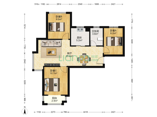 栖湖怡家 3室1厅1卫 92平方