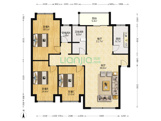市粮食局宿舍 3室2厅2卫 129平方