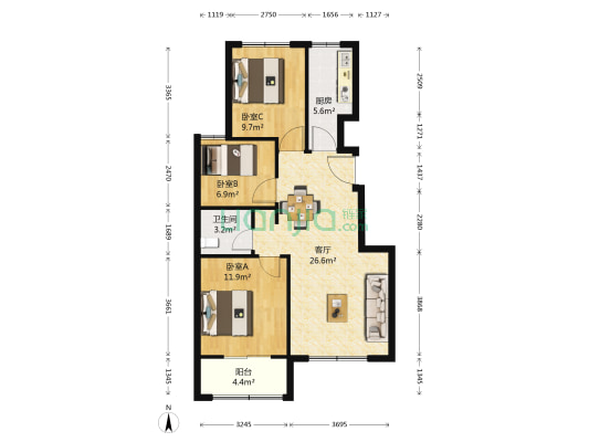 山景御园小区 3室1厅1卫 93平方