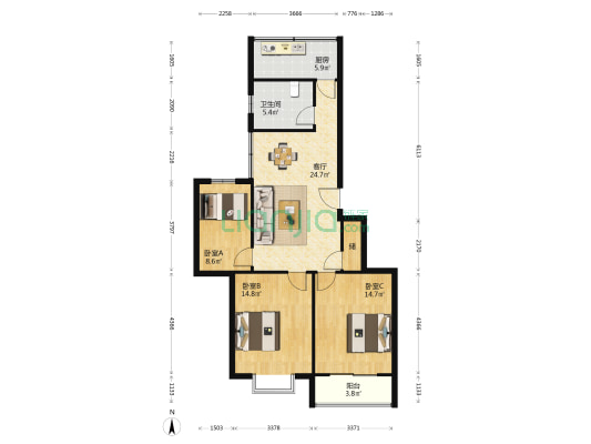 铁家港公寓 3室1厅1卫 101平方