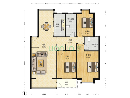 怡景湾长江新城二期 3室1厅2卫 140平方