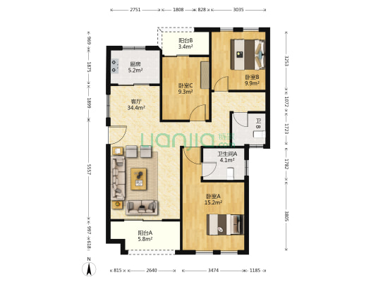 水岸明珠新都小区 3室1厅2卫 120平方