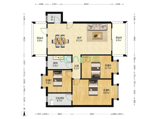 恒宇新苑 3室1厅2卫 115平方