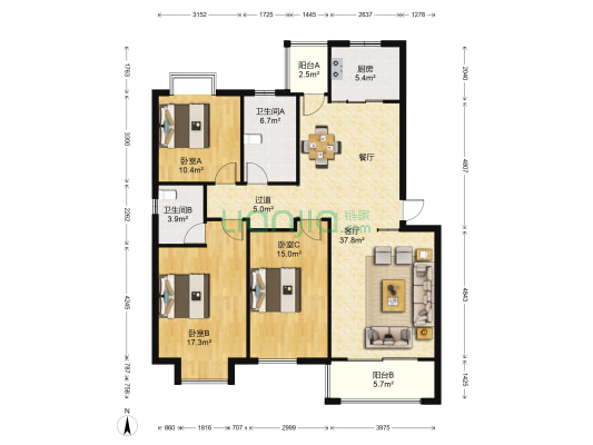 朗香园 3室1厅2卫 134平方
