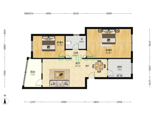 建设路31号 2室1厅1卫 98平方