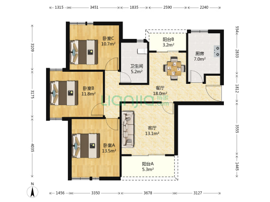阳光美地花园 3室2厅1卫 117平方