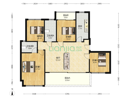 银河玺悦台 3室1厅2卫 128平方