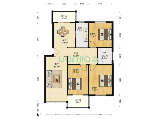圣特小区 3室2厅1卫 120平方