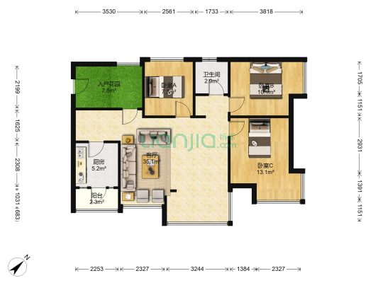 绿地468公馆一期 3室1厅1卫 89平方
