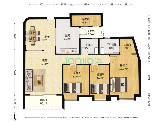 都汇豪庭 3室2厅2卫 145平方