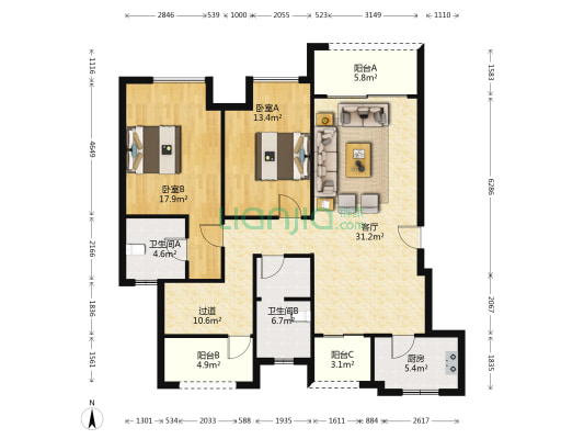 金科博翠天悦 2室1厅2卫 109平方