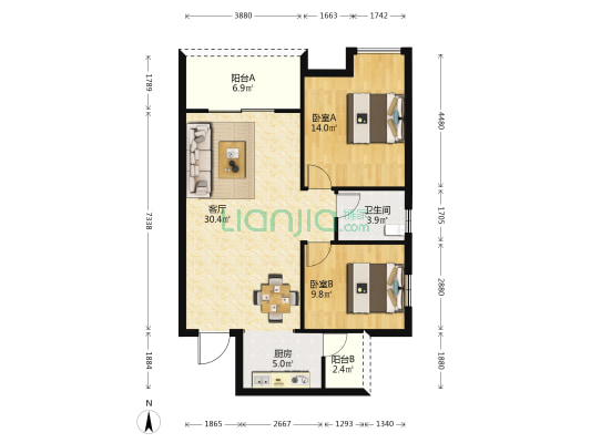 财富盛世花园 2室1厅1卫 87平方