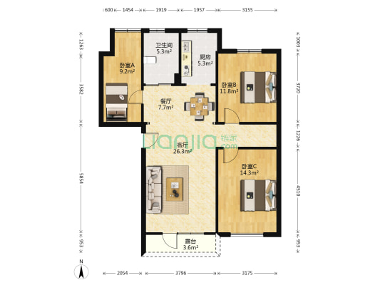 新宇黄金水岸 3室2厅1卫 115平方