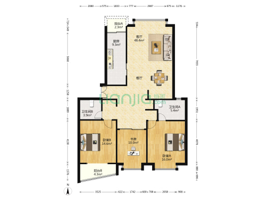 名门滨江苑 3室1厅2卫 154平方