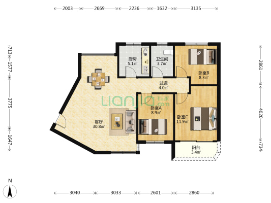 名人山庄 3室1厅1卫 90平方