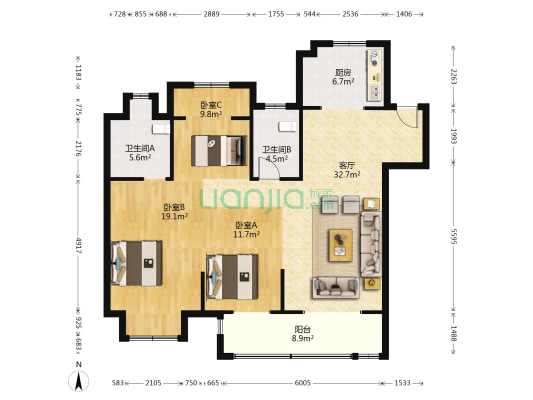 吾悦华府A区 3室1厅2卫 128平方