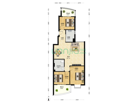 竹苑雅居 3室1厅1卫 105平方