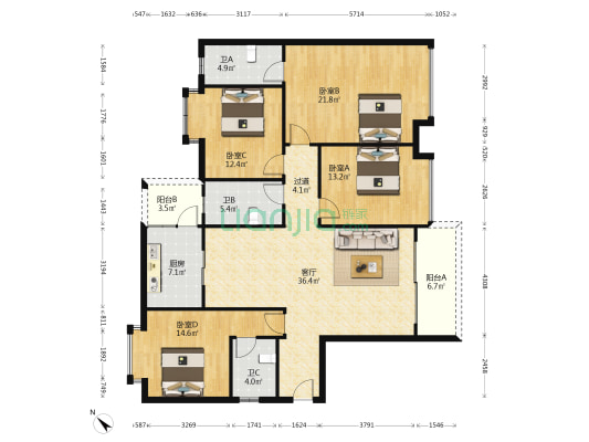 现代名邸 4室1厅3卫 178平方