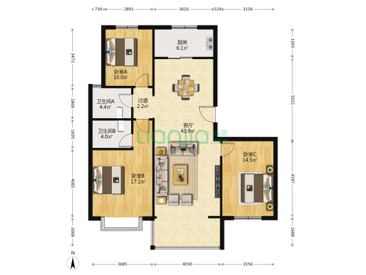 瑞岭名郡西区 3室1厅2卫 140平方