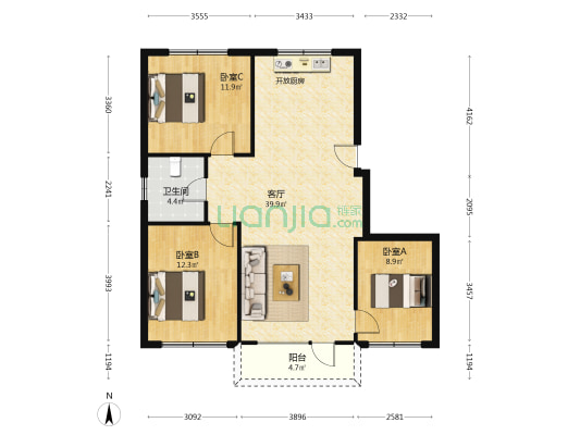 瑛晟花园 3室1厅1卫 107平方