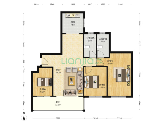 正源荟二期萃园 3室1厅2卫 125平方