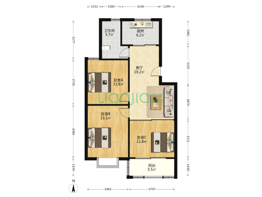 百盛花苑(射阳县) 3室1厅1卫 94平方