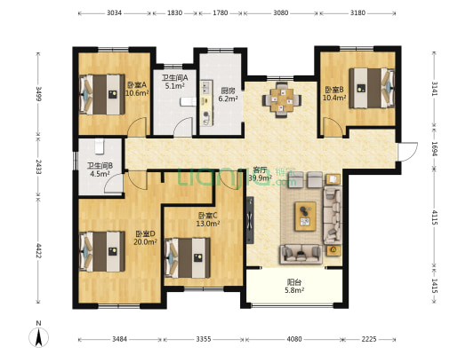 置地弘润山 4室1厅2卫 155平方