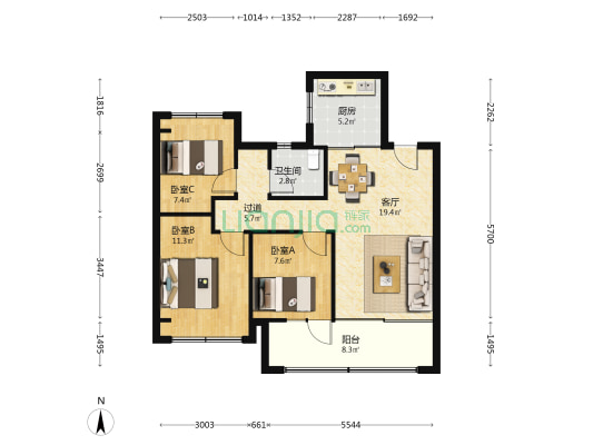 颐和缦山 3室1厅1卫 89平方