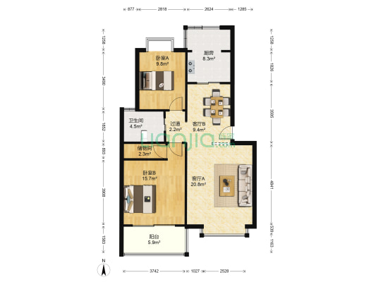 碧云新天地(一期) 2室2厅1卫 98平方