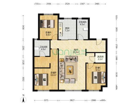 龙湖 中铁建·云璟 3室1厅2卫 115平方
