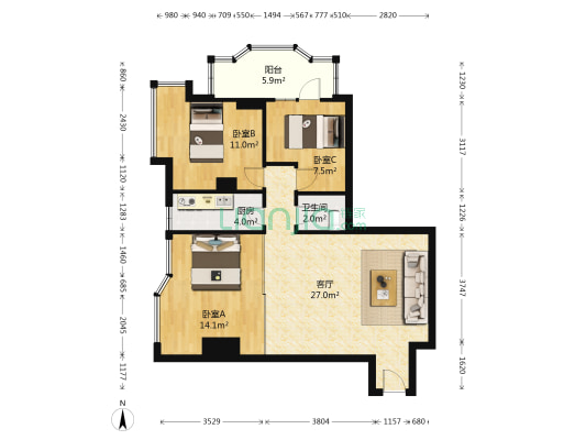 俊逸阁 3室1厅1卫 92平方