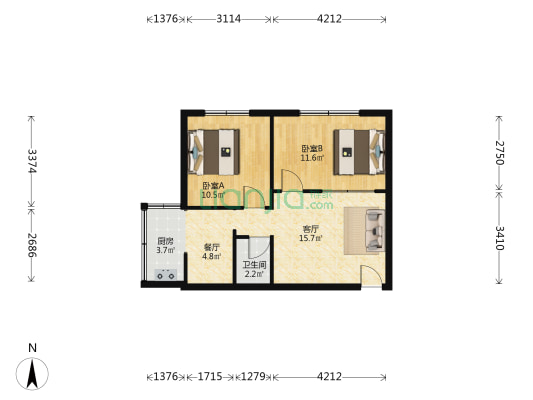 环卫队宿舍 2室2厅1卫 60平方