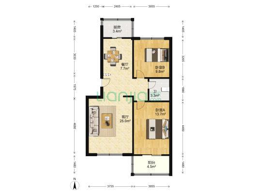 海月花园 2室2厅1卫 87平方
