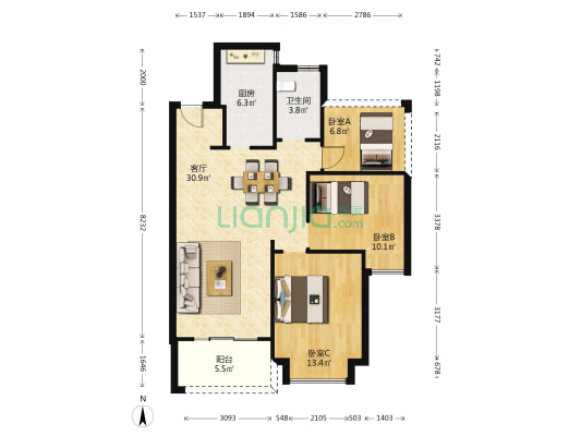 御宾府 3室1厅1卫 95平方