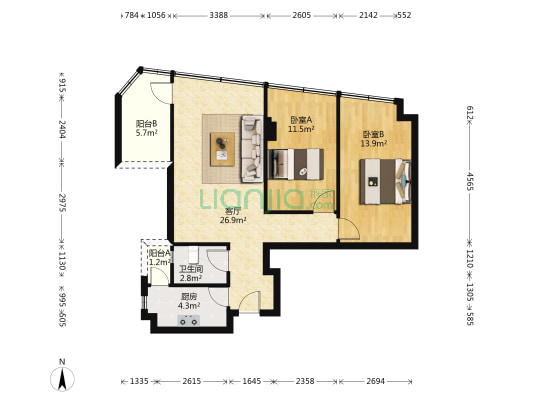 郫县百伦广场 2室1厅1卫 74平方