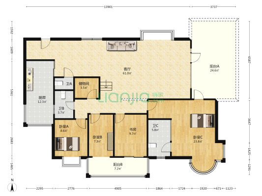福康电信佳园 4室1厅3卫 196平方