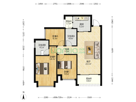 恒大悦龙台 3室1厅2卫 95平方