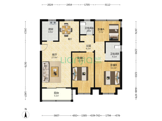 奥园誉峯 3室1厅2卫 119平方