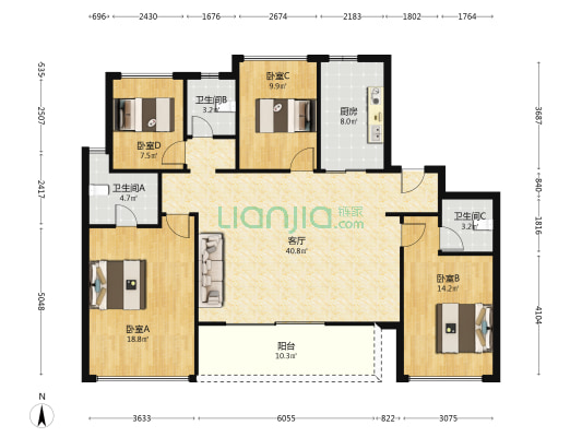 中山宝龙城 4室1厅3卫 150平方