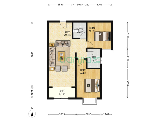 松林店商圈 花园社区 电梯房 南向两居出售-户型图