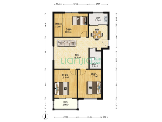 安居生活区1组团 3室1厅1卫 90平方