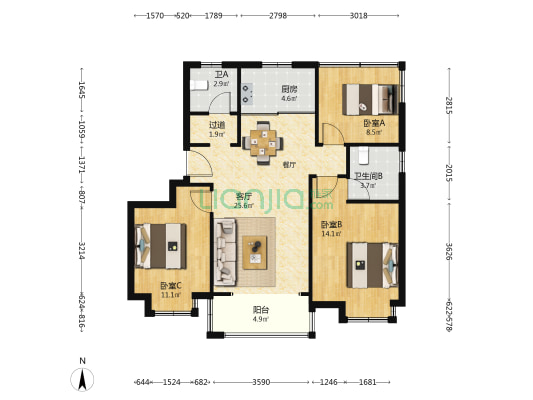 锦华雅居 3室1厅2卫 102平方