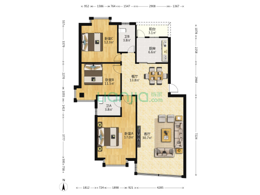 华辉苑 3室2厅2卫 119平方