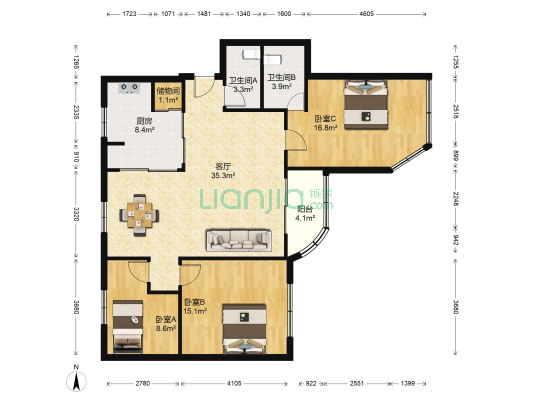 海龙大厦 3室1厅2卫 117平方