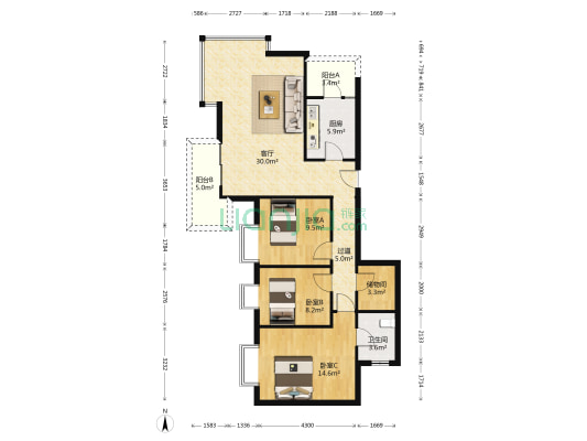 华新都市花园 3室1厅1卫 101平方