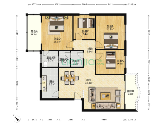 和平街11号 4室1厅3卫 132平方