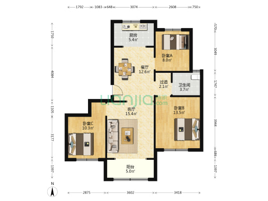 汉明苑C区 3室2厅1卫 113平方