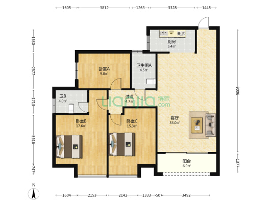 长水航城云翎苑 3室1厅2卫 122平方