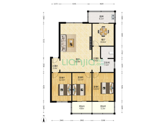 长安信合小区 3室2厅1卫 129平方