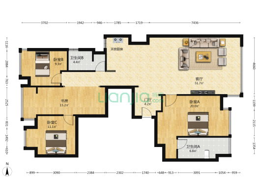 信达万科京江隐翠 4室1厅2卫 158平方